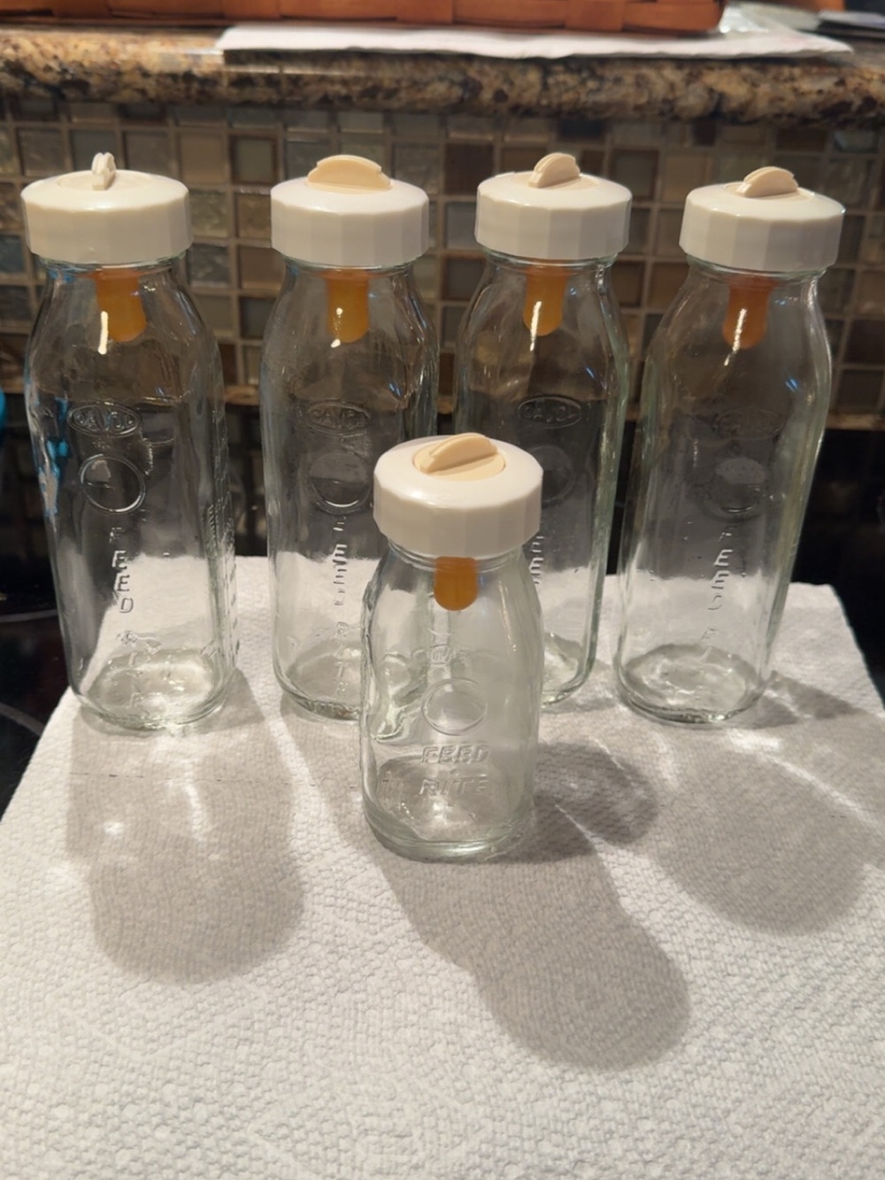 Vintage Davol Formulette Feed-Rite Glass Baby Bottles Lot of 5 Complete